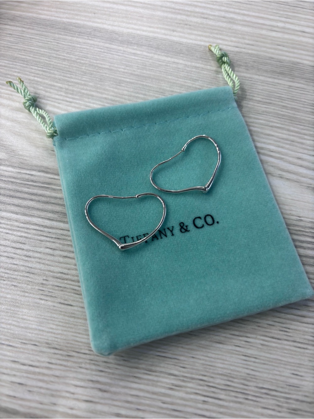 Tiffany & Co. Silver Heart Hoop Earrings on Signature Blue Pouch(no box)
